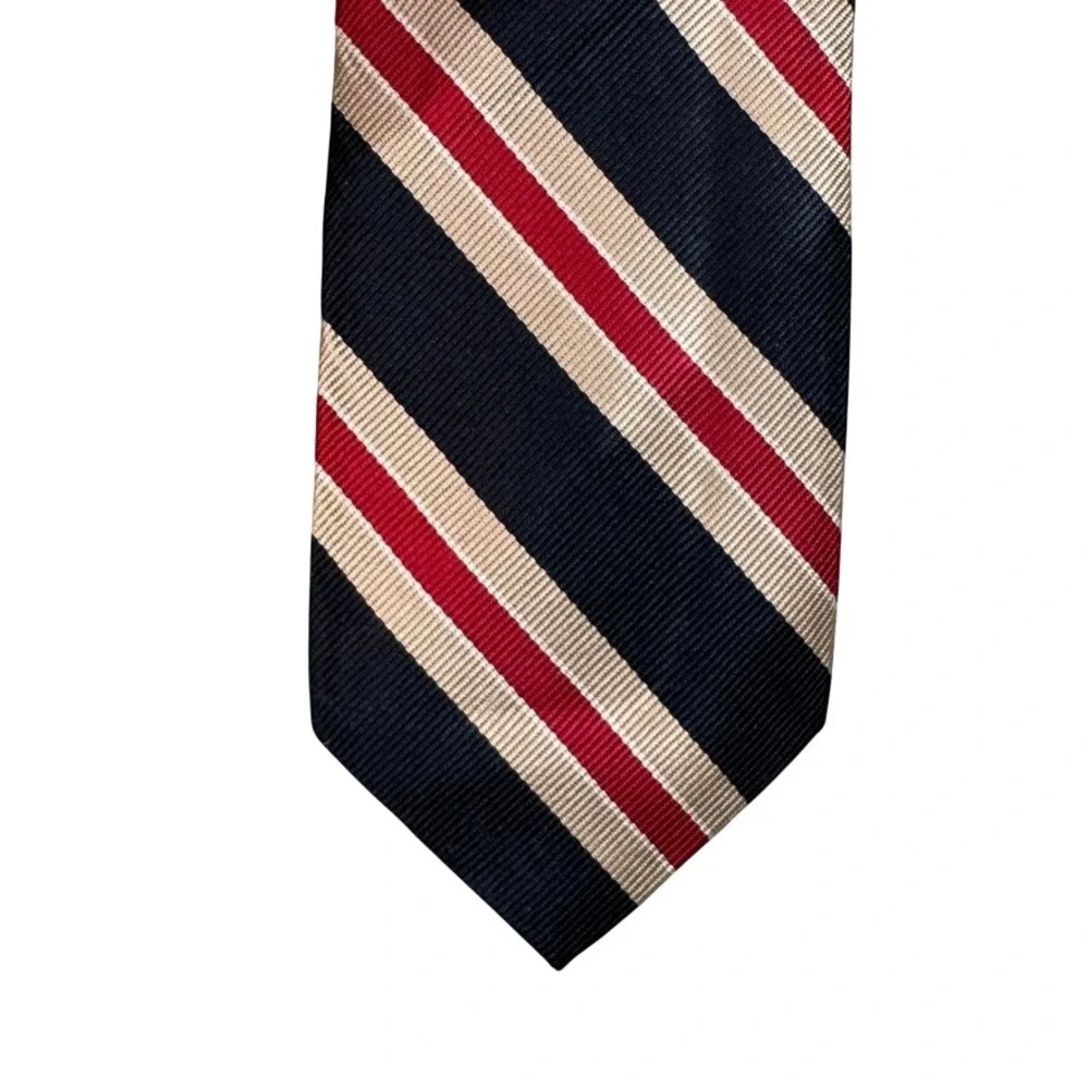 Lilly Dache Mens Silk Necktie Navy Blue Red Tan Striped Vintage Regimental Tie